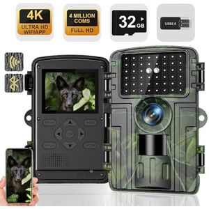 Wildcamera, 4K video wildcamera, 60 MP Full HD WLAN met mobiele telefoon app, bewegingssensor, nachtzicht, 0,1 s activeringstijd, infrarood wildcamera met 32G geheugenkaart en kaartlezer, IP66