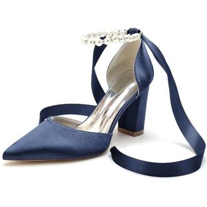 EICOFF Vrouwen Parel Trouwschoenen voor Bruid Hoge Hakken Puntige Teen Blok Hak Satijn Bruiloft Bruids Pompen Jurk Party Sandalen,Dark blue,35 EU