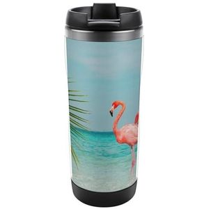 Flamingo staande in de heldere blauwe zee reismok met deksel roestvrij staal geïsoleerde koffiekop houdt dranken warm koud water fles 13 oz