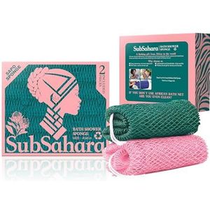 SubSahara Authentieke Afrikaanse netspons - 2 stuks exfoliërende scrubber voor alle huidtypes, badspons voor gezicht en lichaam, draagbaar op reis, duurzaam, zachte peeling (lichtroze en blauwgroen)