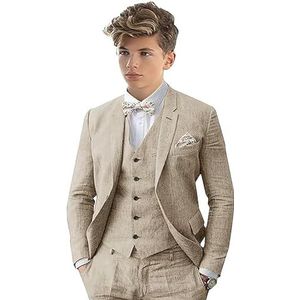 Leader of the Beauty 3 Stuk Linnen Pak Voor Boy Peak Label Slim Fit Pak Set Enkele Breasted Bruiloft Bruidegom Smoking, Kaki, 16 Jaren