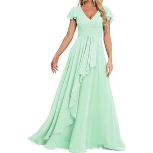 Prinses Bruidsmeisjes Jurken Flutter Mouw Galajurken Chiffon Formele Avondfeest Maxi Jurk met Split ZM189, Munt, 32