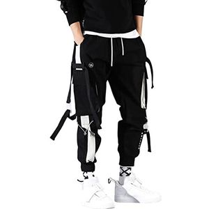 Trainingsbroek voor heren, lang, ademend, met ritssluiting, cargobroek voor heren, hip hop jogger, cargobroek, cargobroek, patchwork, techwear, baggy streetwear, punk broek, joggingbroek, zwart, XL