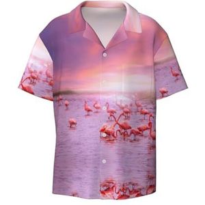 OdDdot Roze Flamingo's Print Heren Jurk Shirts Atletische Slim Fit Korte Mouw Casual Business Button Down Shirt, Zwart, XXL
