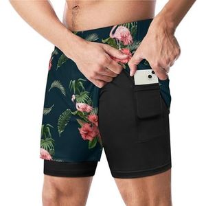 Flamingo En Tropische Bladeren Grappige Zwembroek met Compressie Liner & Pocket Voor Mannen Board Zwemmen Sport Shorts