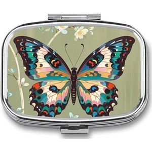 Oude vlinder pillendoos, 2 compartimenten medicijnpillenetui, draagbare pillenorganizer voor zak of portemonnee, decoratieve metalen medicijn-vitamineorganizer