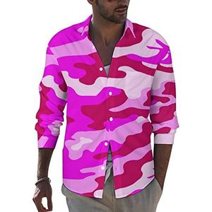 Roze Camo Heren Button Down Lange Mouw Overhemd Causale Strand Tops Met Pocket Regular Fit
