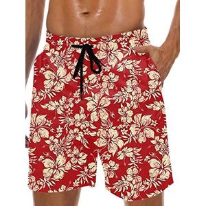 Lzzidou Zwembroek voor heren, sneldrogende Hawaiiaanse boardshorts, gevoerde strandshorts met zakken, rood-gele bloem, 3X-Large