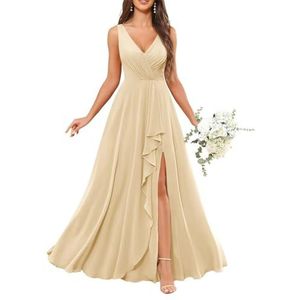Chiffon baljurken voor dames, mouwloos, bruidsmeisjesjurken voor bruiloft, cocktailjurk, grote maten, Champagne, 32