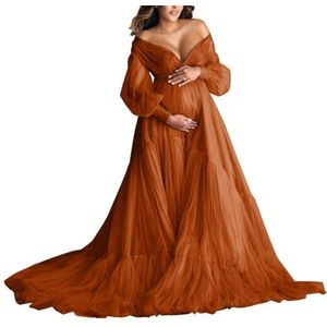 AHERKLL Gezwollen tule gewaad zwangerschapsjurk voor fotoshoot off shoulder lingerie baby shower zwangerschap fotografie dressing ZM012, Bruin, 36