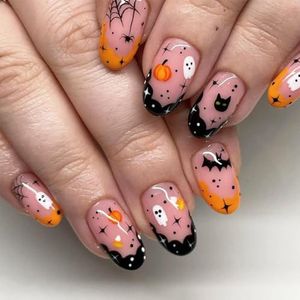 Franse kunstnagels medium, 24 stuks gradiënt wit roze Franse nepnagels, vierkant patroon, Franse nageltips met nagellijm, voor vrouwen meisjes nagels kunst Halloween pompoen zwarte kat