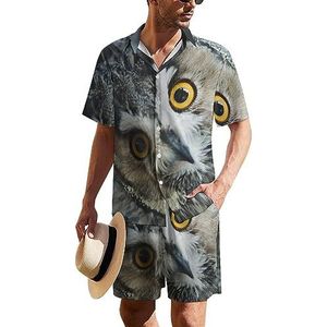 Yellow Eyed Eagle Owl Hawaiiaanse pak voor heren, set van 2 stuks, strandoutfit, shirt en korte broek, bijpassende set