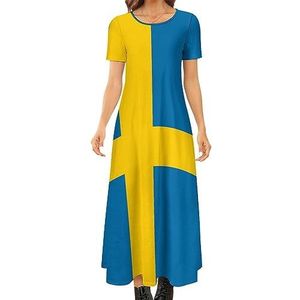 Vlag van Zweden dames zomer casual korte mouwen maxi-jurk ronde hals bedrukte lange jurken 2XS