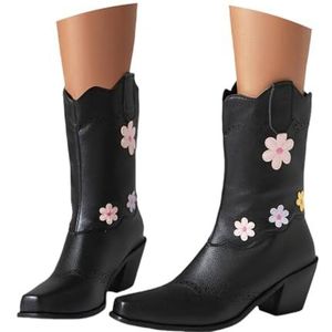 Korte Laarzen Met Bloemen Retro Western Cowboylaarzen for Dames PU-leren Enkellaarzen Met Blokhak Herfst Winter Laarzen Met Vierkante Neus Casual Enkelschoenen for Feest, Concert(Black,39 EU)