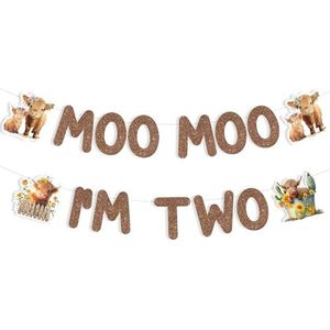 JOYMEMO Highland Cow Moo Moo I'm Two Banner - Bruin Hooglandvee 2e Verjaardagsfeestdecoraties Jongen of Meisje, Hooglandkoe Thema Tweede Verjaardag Heilige Koe I Am Two Feestartikelen