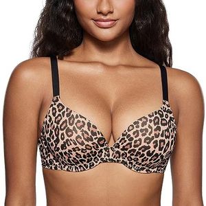 DOBREVA Vrouwen Push Up T-Shirt Bra Underwire Gewatteerde BH's Plunge Volledige dekking Natuurlijke Luipaard 75AA