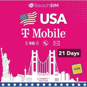 BeachSIM USA eSIM. Onbeperkt data, lokale gesprekken en sms'jes op T-Mobile Netwerk. Snelle activering. Gemakkelijk opladen. Werkt op eSIM-compatibele apparaten. Geldig voor 21 dagen.