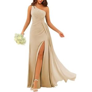 SAYNO Chiffon bruidsmeisjesjurken voor vrouwen met split avondjurken galajurken ruches cocktailjurk grote maat, Champagne, 32