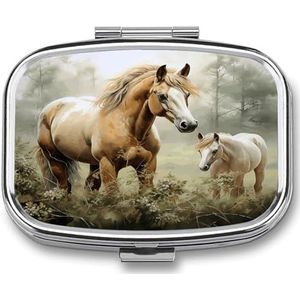 Pillendoosje Dieren Borduurwerk Schilderijen Paarden Print 2 Compartiment Geneeskunde Pillendoosje Pil Organizer Decoratieve Metalen Draagbare Pillendoos voor Pocket Of Portemonnee