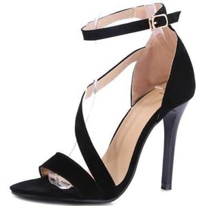 WOkismD Sandalen van 10 cm met open tenen en hoge enkelbandjes en slanke hakken,zwart,34 EU