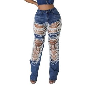 Uitgesneden jeans voor vrouwen, strass parel rechte pijp half getailleerde streetwear denim broek,Blauw,3XL