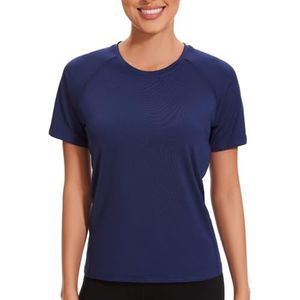 AMZSPORT Sportshirt voor dames, korte mouwen, yoga-top voor hardlopen, fitness, gym, Donkerblauw, XL
