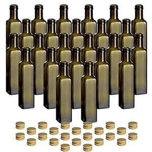 gouveo Maraska Antik-glazen flessen, 24 stuks, 250 ml, goudkleurig met schroefdop, lege fles van 0,25 l, om te vullen, glazen fles voor likeur, jenever, azijn of olie