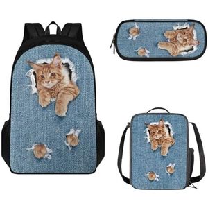 Brosoneto 3Pcs Meisjes Boekentassen Voor Kinderen Basisschool Middelbare School Student Met Lunch Tas Potlood Tas Set Lichtgewicht, Leuke kat