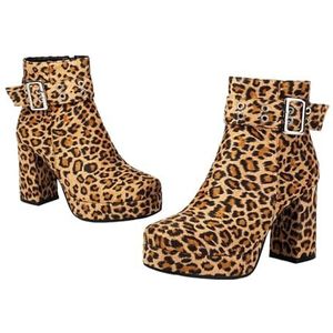 Retro Enkellaarsjes Met Luipaardprint Dameslaarzen In Grote Maten Elegante Chelsea Ankle Boots Met Blokhak Plateaulaarsjes Met Rits 9 Cm Hoge Hak for Feestjes(Brown,43 EU)