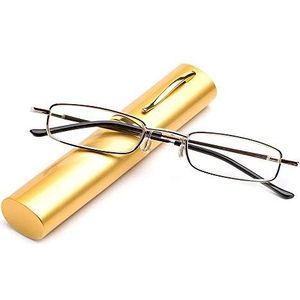 KoKoBin Flexibele metalen leesbril, zichthulp, met veerscharnier, leeshulp, uniseks, leesapparaat met brillenkoker die eruit ziet als een penhouder, goud