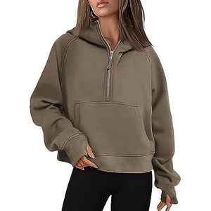 ACICS Womens Hoodies Sweatshirts Half Zip Cropped Pullover Fleece Quarter Zipper Hoodies with Pockets Fall Outfits Clothes Thumb Hole (Color : Brown, Size : S)