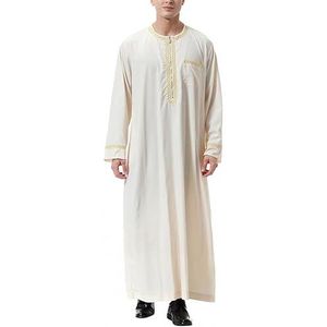 Kaftan voor heren, moslims, met ronde hals, lange mouwen, retro tuniek, beige, S