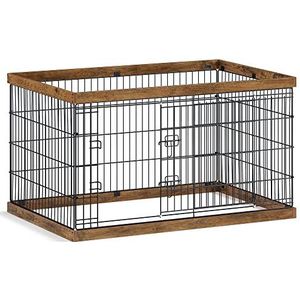 FEANDREA puppy ren, vrije uitloopren, stalen rooster, puppy box, schuifdeur met 2 grendels, maat XXL, 122 x 80 x 70 cm, omheining voor honden, konijnen, walnoot bruin-zwart PPK006T41