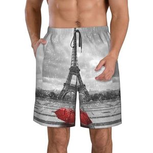 PHTZEZFC Parijstoren met rode parapluprint voor heren, strandshorts, lichtgewicht, sneldrogend, zwembroek met trekkoord en zakken, Wit, L