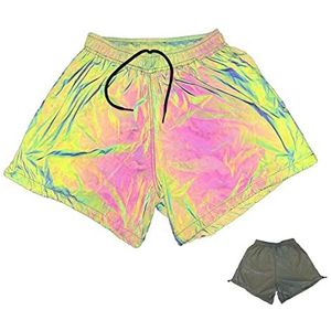 Dames regenboog reflecterende shorts hot broek, dames verblinden kleur fluorescerende casual shorts, gloed in het donker, outdoor nachthardloopshorts met verstelbare trekkoord, lichtgevende rave broek groen XL