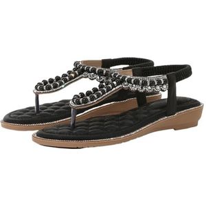 Xytraiihw Damesmode Clip Teen Sandalen, met Parels en Elastische Band Zomerschoenen Casual Comfortabele Slingback Sandalen Ronde Kop Vismond Zomerschoenen Glitter Pantoffels,zwart,36 EU