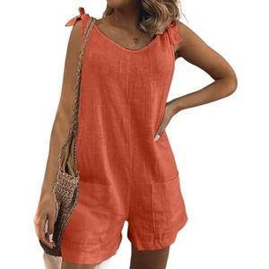 BANGHA Jumpsuits Voor Vrouwen Zomer Casual Effen Kleur Lace Up Casual Strap Jumpsuit Vrouwen Katoen Linnen Rechte Broek Bib Overall Streetwear Losse Shorts Rompers, Oranje, XXL