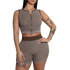 GKEIOSHQIL Korte sets dames 2-delige outfits mouwloze crop top met rits en shorts Slim Fit gestreepte gebreide set,Bruin,L