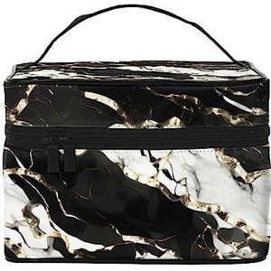 Zwarte gouden marmeren afdruk make-up tas,Draagbare cosmetische tas,Grote capaciteit reizen make-up case organizer, Zwart en wit marmeren textuur, Eén maat