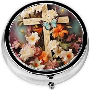 Pillendoosje met spiegel, retro pillendoosje met 3 vakken, bloemtakken aan het kruis, kleine pillenorganizer voor portemonnee of zak, decoratieve metalen medicijn-vitamineorganizer, unieke geschenken