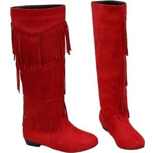 Dames Kniehoge Laarzen Retro Western Cowboylaarzen Met Franjes Suède Lange Laarzen Warme Pluche Gevoerde Sneeuwlaarzen Comfortabele Brede Buis Instapschoenen(Red,43 EU)