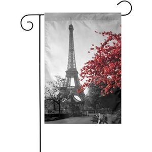 LAMAME Grijs Parijs Eiffeltoren Cityscape Rode Bloem Gedrukt Tuin Vlag Patio Decoratieve Vlag Dubbelzijdige Tuin Vlag