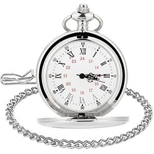 WIOR Klassieke Gladde Vintage Zakhorloge Zilver Staal Mens Horloge met 14 ""Ketting voor Graduation Xmas Vaderdag, Wit, Antiek