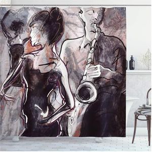 Douchegordijn muzikaal douchegordijn muziek rock jazz belettering met basgitaar saxofoon noten harmonie illustratie badkamer gordijnen (kleur: 14, maat: 150 x 200 cm (l x b x h)