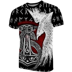 Unisex Viking Odin Raven T-shirt, Scandinavisch 3D Digitaal Printen Thor's Hamer Tattoo Paar Harajuku Straattops, Summer Beach Party Quick Dry Plus Size Top (Color : Raven A, Size : XS)