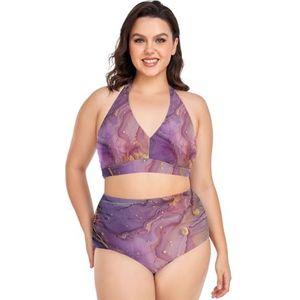 Paars Gouden Alcohol Marmer Vrouwen Bikini Sets Plus Size Badpak Twee Stukken Hoge Taille Strandkleding Meisjes Badpakken, Pop Mode, XXL