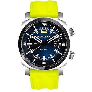 Panzera Aquamarine Pro Diver Infinity Blue Submerge Automatisch Staal Blauw Diver Geel Datumweergave Siliconen Herenhorloge, Armband