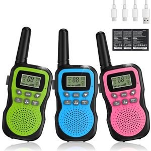 Apkezel Walkietalkie voor kinderen, oplaadbaar, lang bereik, 3 km bereik, met 1000 mAh-batterij, 3-pack, walkietalkie voor kinderen, met VOX-zaklamp voor outdoor, camping, wandelen