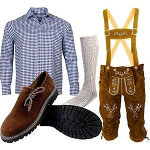 ALL THE GOOD Heren klederdrachtset Oktoberfest (broek + hemd + schoenen + sokken) Beierse lederhose klederdrachtbroek B2, Broek: Brwon & Shirt : Blauw, broek 48/hemd M