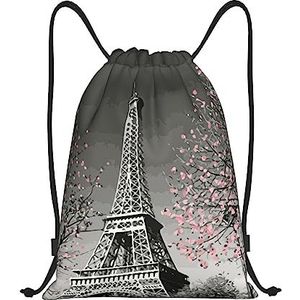 Ousika Parijs Eiffeltoren Gedrukte Trekkoord Rugzak Bag Waterbestendig Lichtgewicht Gym Sackpack Voor Wandelen, Zwart, Medium